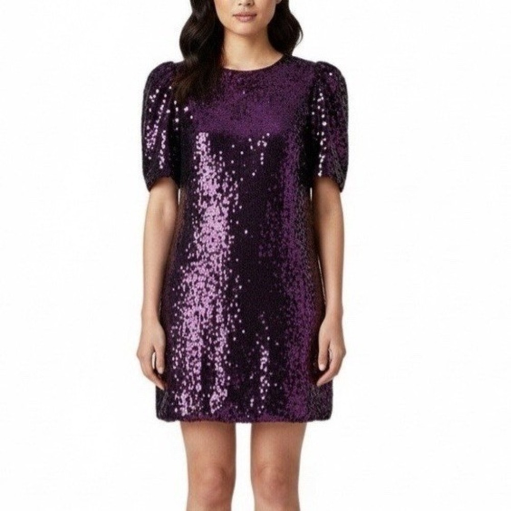 TCEC Sequin Dress Women L Purple Short Sleeve Puff Sleeve Party Mini Night Out